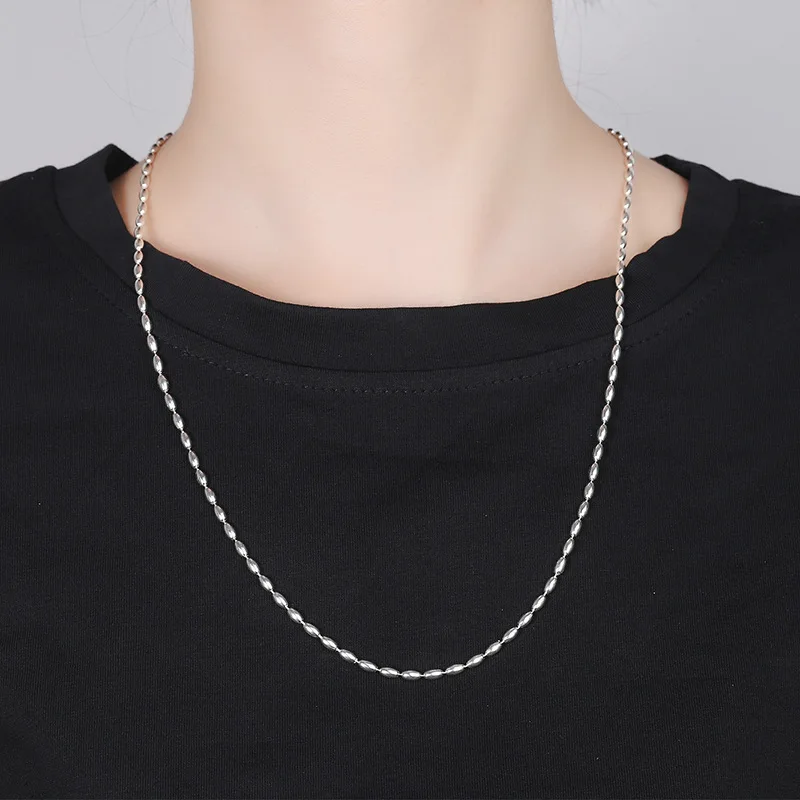 MIQIAO New 925 Sterling Silver Men Olive-Shaped Oval Bead Chain Necklace Fashionable Temperament Long 50 55 60 CM Boyfriend Gift