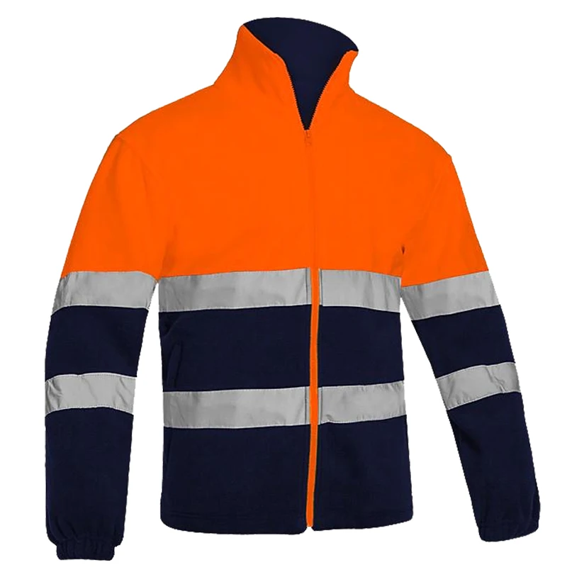 Reflective Two Tone Jacket Men Polar Fleece Jacket Winter Safety Jacket with Hi Vis Reflective Stripes Security Coat Orange