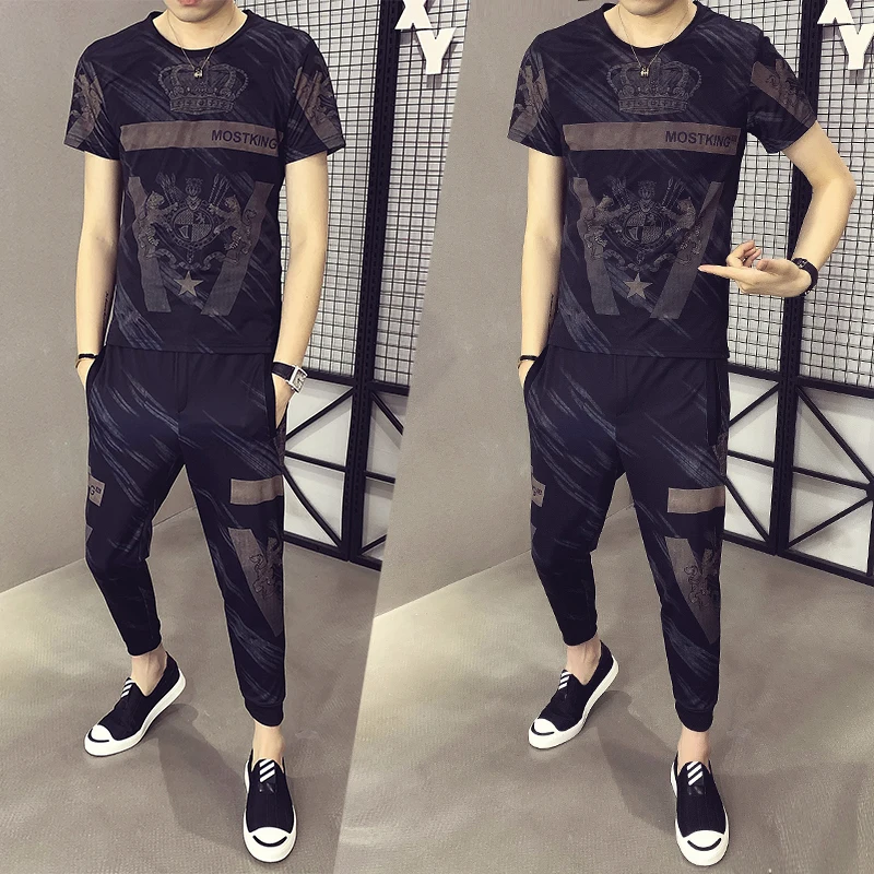 2 Personality Printing Piece Set Men Pantaloni Tuta Uomo Short Sleeve T Shirt High Quality Tracksuit Top And Pants Men