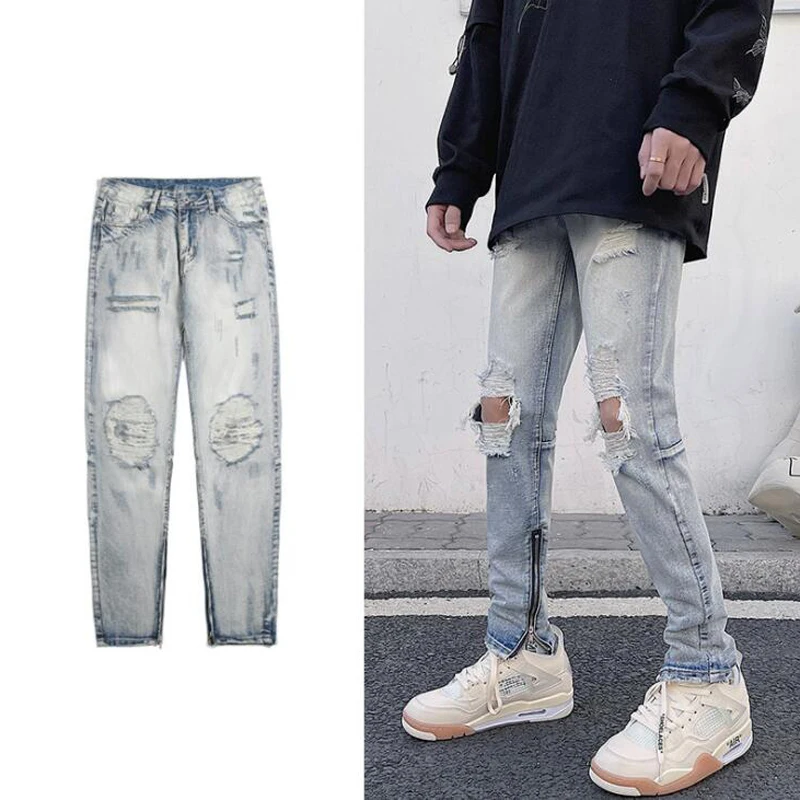 

Fashion Men Ankle Zipper Slim Skinny Ripped Vintage Street Hip Hop Jeans