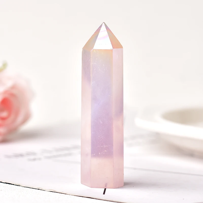 1PC Natural Aura Rose Quartz Crystal Point Wand Healing Stone Meditation Home Decoration Reiki Polished Stone Chakra Tower