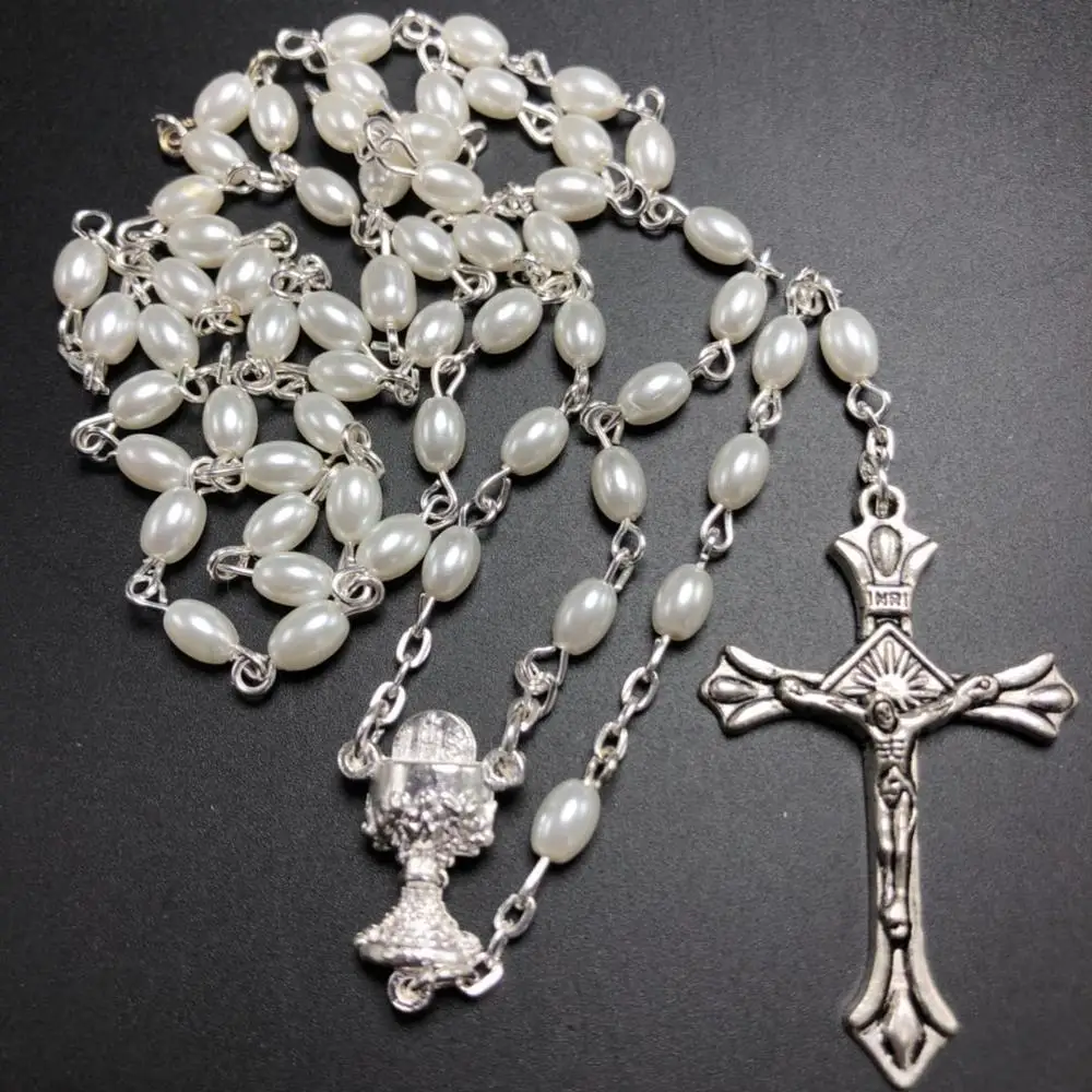 free shipping 5pcs/set mini white 6*4mm glass oval bead rosary catholic rosario cute pearl rosary necklace chalice center