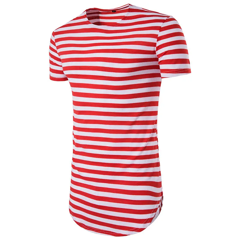 New Men Round Neck Long Sleeve extended arc hem Striped T-shirt Slim Fit T Shirts Casual Male Tops