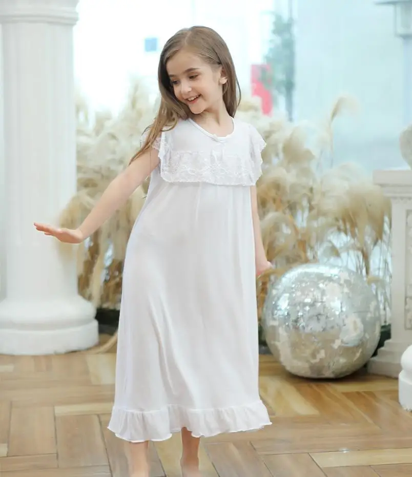 

Baby girls lace patchwork nightgowns children ruffles princess sleep dress kids bow cotton homeclothes long pajamas ws1708