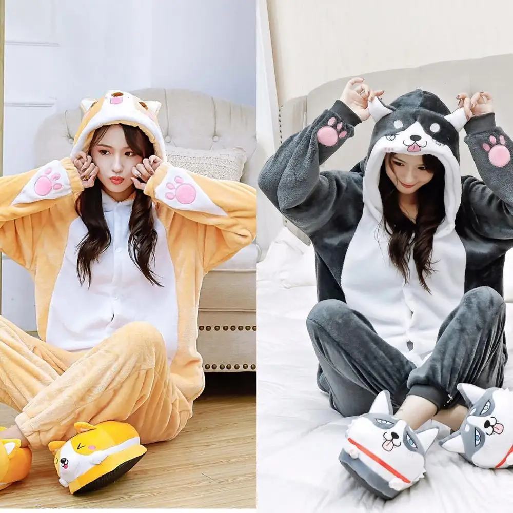 

Set Kigurumi Adult Women Men Animal Corgi Pajamas Flannel Cartoon dog Cosplay Onesie corgi Warm Winter pijama womens pajamas