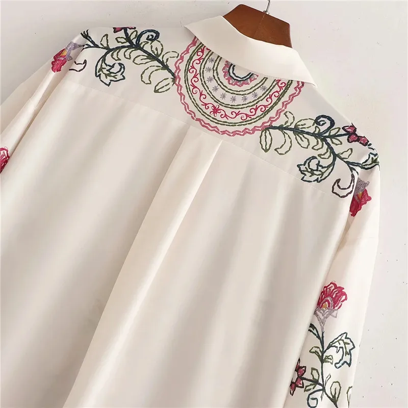 TRAF 2021 White Shirts Woman Button Up Shirt Print Floral Blouse Women Casual Collared Long Sleeve Top Summer Vintage Shirt