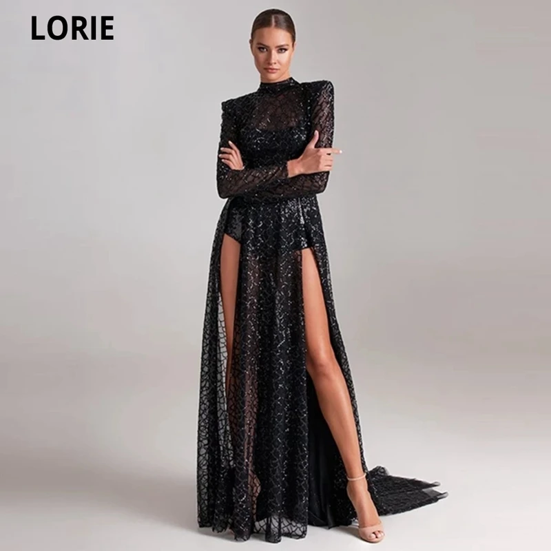 LORIE Fashion Long Evening Dresses 2021 High Neck Tulle Robe De Soirée De Mariage Side Split Vestidos De Fiesta Court Train