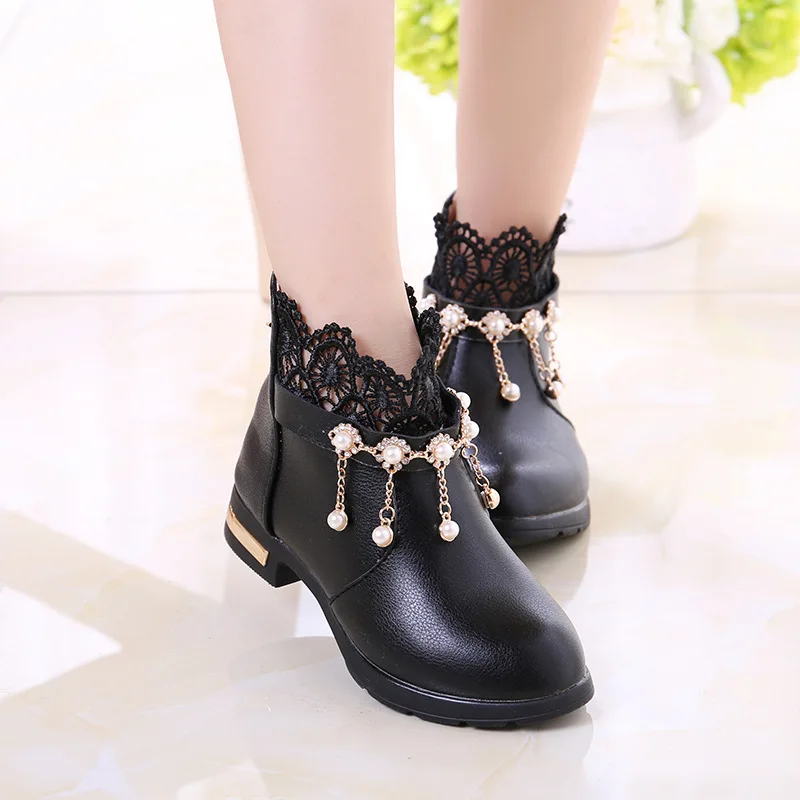 Fashion New Autumn Girl Lace Lace Tassel Leather Boots For Kids Ankle Boots Princess Children Shoe 4 5 6 7 8 9 10 11 12 Year Old