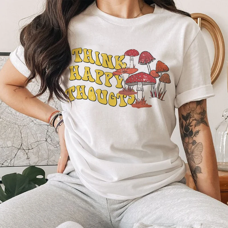 Think Happy Thoughts Mushroom Print Women's Vintage T-Shirt 70s Retro Cute Botanical Tee Shirt Hippie Cottagecore Clothes