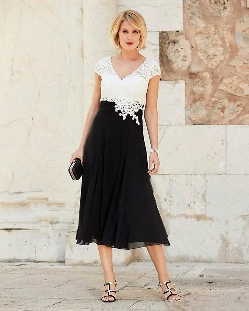 2022 Lace Chiffon  Mother of The Bride Dress Tea Length Formal Women Gowns with Cap Sleeves vestidos de fiesta para bodas فساتين