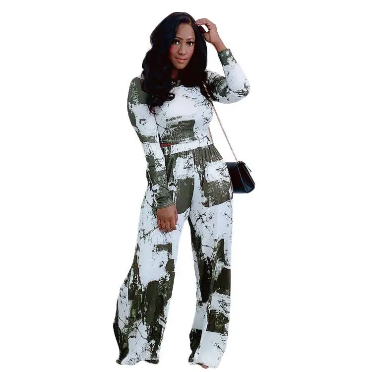 

S-2XL 2021 Women Winter Clothing 2 Two Piece Sets Fashion Printing Long Sleeve O Neck Wide Leg Pant Suits Wholesale Dropshipping