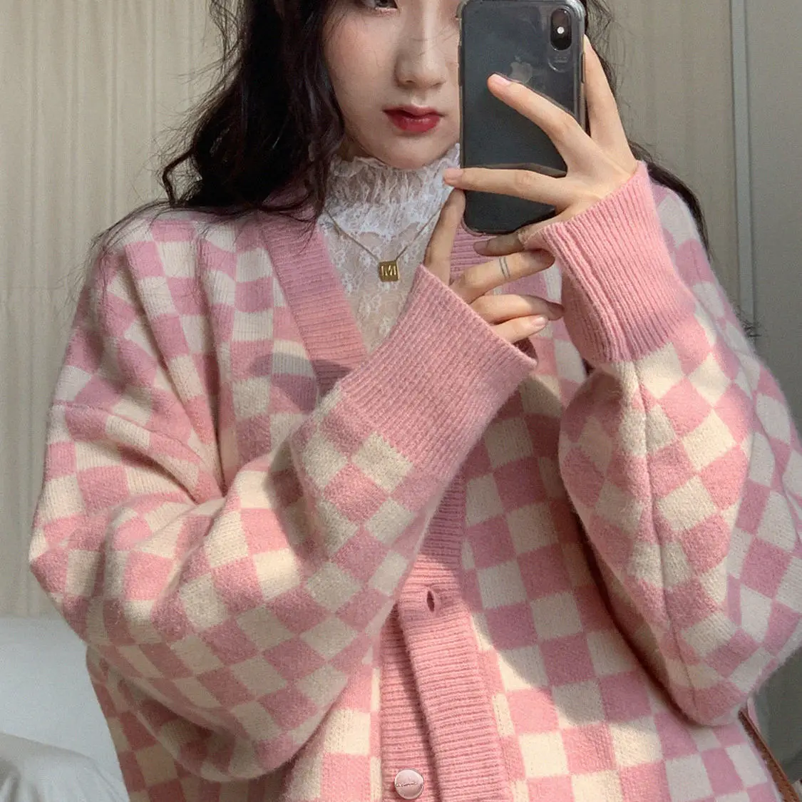 checkerboard Cardigans women Long Sleeve Knitted Sweater Women Korean Pink Sweaters Cardigan Female Jacket with Buttons