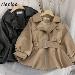 Neploe Fashion Faux Leather PU Coat Korean Style Turn-Down Collar Slim Outwear Full Autumn Women Leather Jacket with Belt