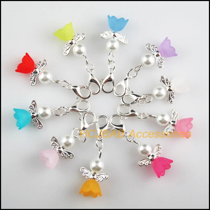 20 New Tiny Angel 14x19mm Charms Mixed Flower Acrylic Silver Plated Retro With Lobster Claw Clasps