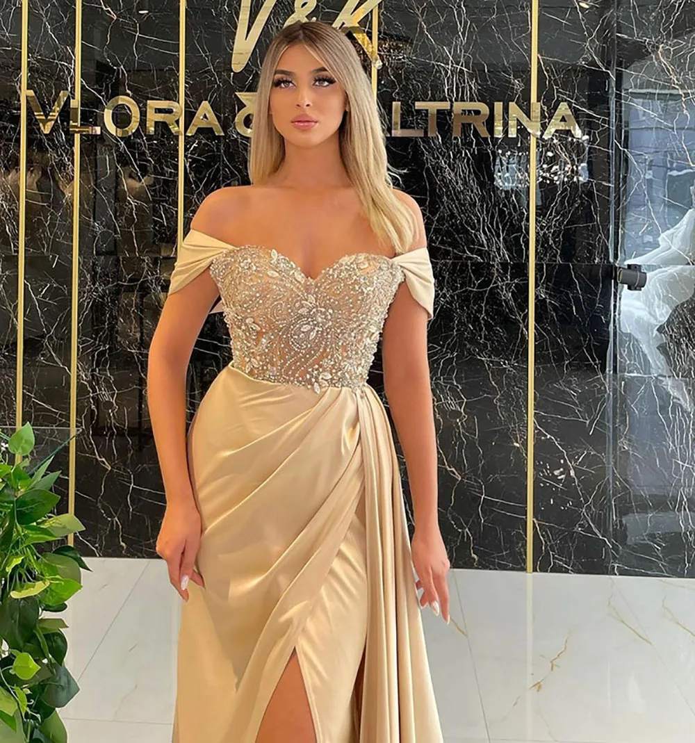 Abiti da sera da ballo abiti da sera paillettes formali con spalle scoperte spacchi alti in raso Plus Size sirena Champagne in rilievo personalizzato