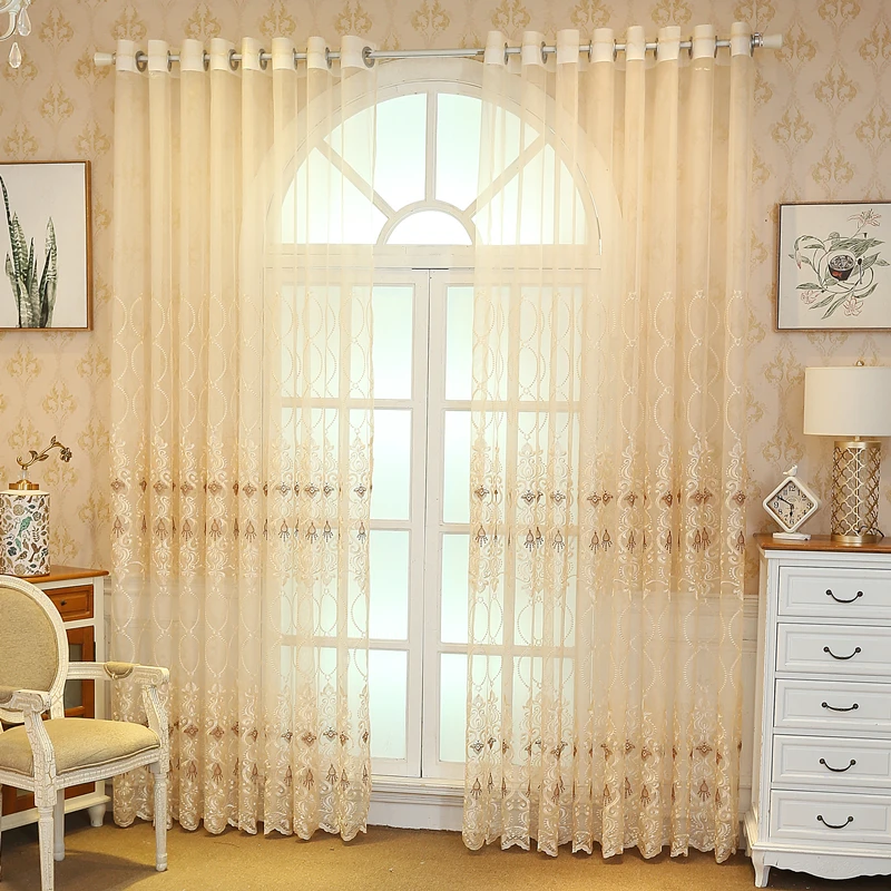 Upscale Curtains for Bedroom Luxury European Finished Curtains Fabric Embroidered Beige Tulle Cortinas For Living Room M072&C