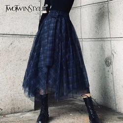 TWOTWINSTYLE Plaid Patchwork Mesh Women's Skirts High Waist Hit Color Elegant A Line Skirts Female 2020 Spring Fashion New