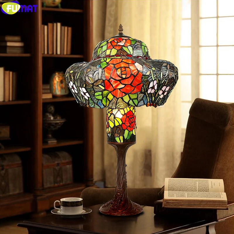 FUMAT Rose Bouquet Tiffany Home Decor Table Lamp Stained Glass Desk Light Crown Garden Lighting Double-deck Classical Art Lights