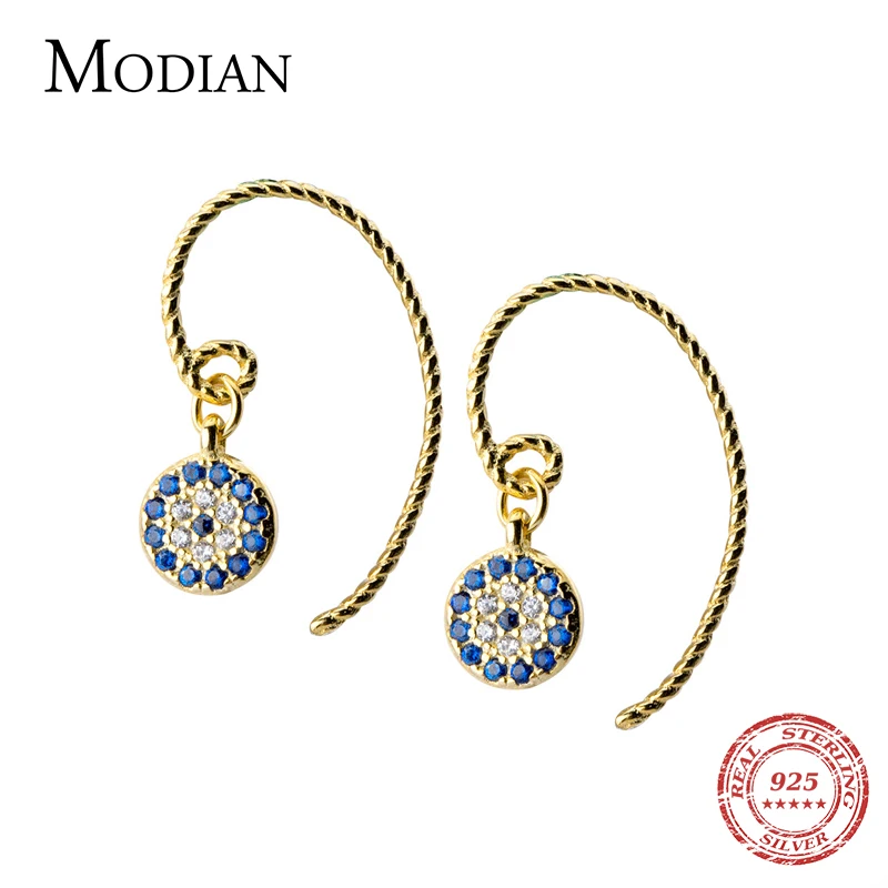 Modian New Blue Crystal Round Eyes Dangle Earrings for Women 925 Sterling Silver Gold Color Fashion Party Jewelry Gifts