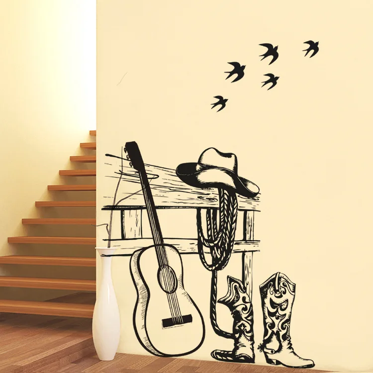 Cartoon Sketch cowboy dress up Guitar Wall Sticker Decoration For Boys Bedroom Home Decal Pattern Removable Pvc Window Poster