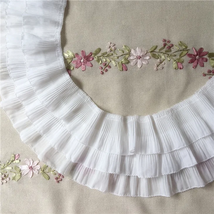 12CM Wide White Black Three-layer Pleated Chiffon Lace Applique Ruffle Trim Ribbon For DIY Crafts Cloth Dress Fringe Decoration