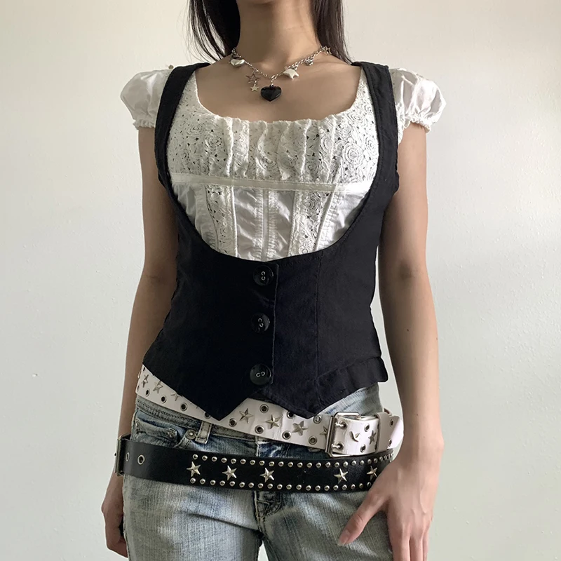 Rapcopter y2k Button Corset Top Black Skinny Breasted Tops Backless Vintage Kawaii Sweats Mini Vest Women Aesthetic Punk Tanks