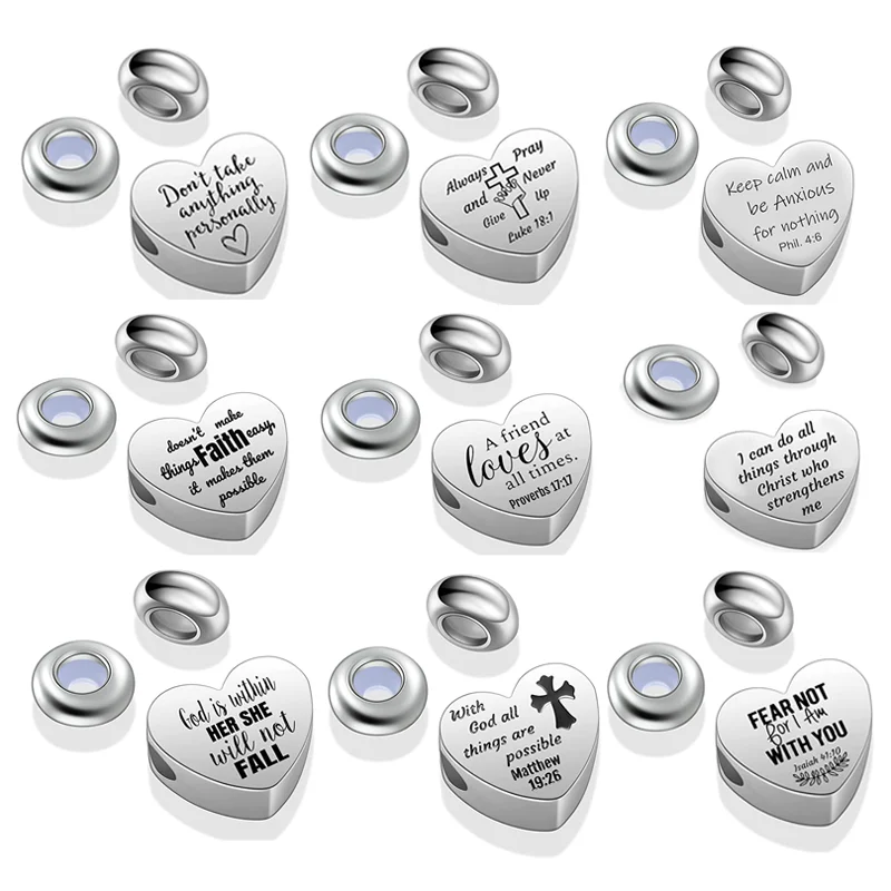 

Stainless Steel Inspiration Heart Charms fit Charm Bracelet Religious Beads with 2 pcs Stopper Spacer for DIY Jewelry Making