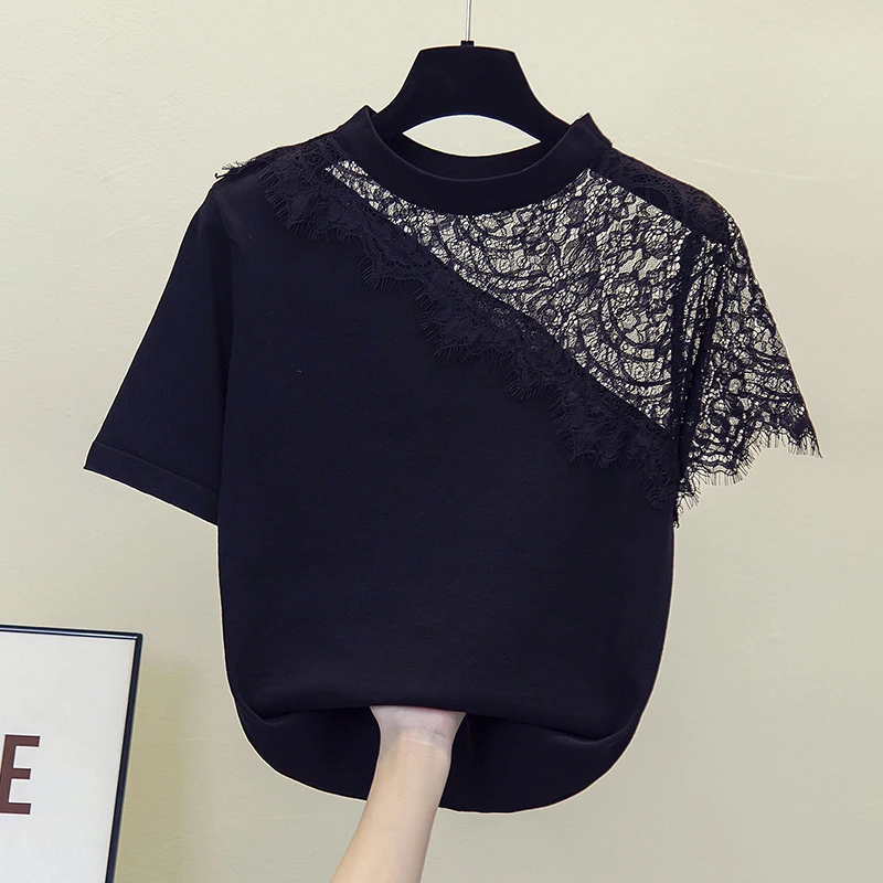 size M-4XL women sexy lace kint sweater 2022 short sleeve o neck fashion Patchwork Summer thin kint Oversized pullover female