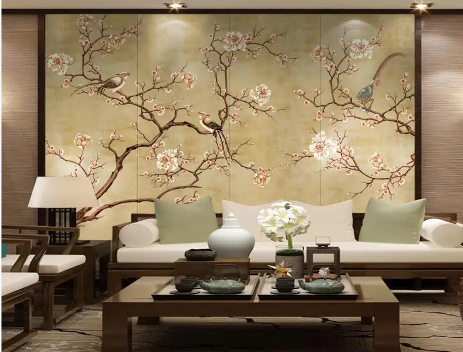 beautiful scenery wallpapers Hand painted high definition golden flower and bird tv background wall painting