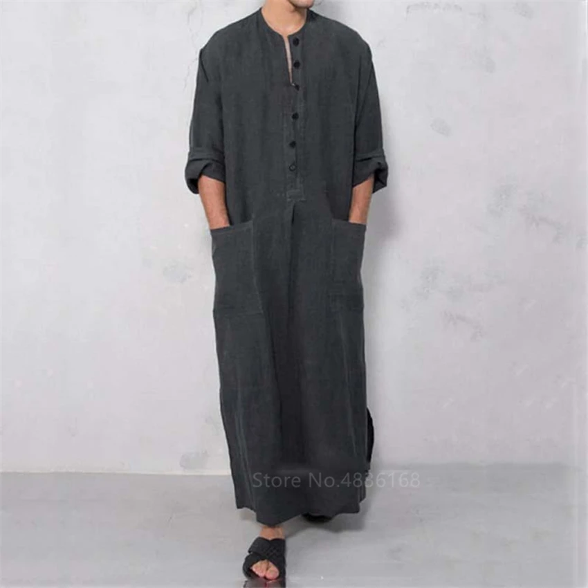 Muslim Fashion Clothing for Men Jubba Thobe Robe Arabic Dress Abaya Men Kafatan Islamic Clothing Round Neck Button Jubba Thobe