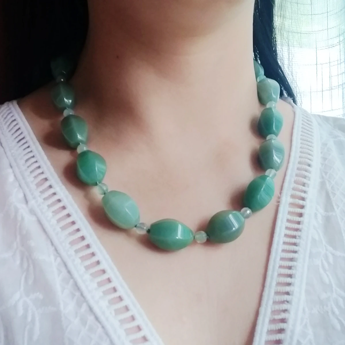 Lii Ji Real Stone Green Choker Short Necklace Aventurine Stone Necklace Women Jewelry 52cm 20.5inches