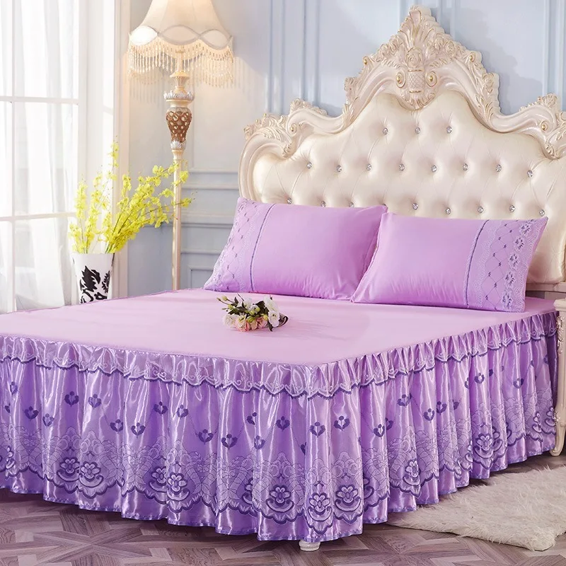 Bedding Bed Skirt Princess Korean Style Princess Purple Lace Bed Skirt 1 Pair Pillowcase Three-piece Bed Cover Twin Bedspreads