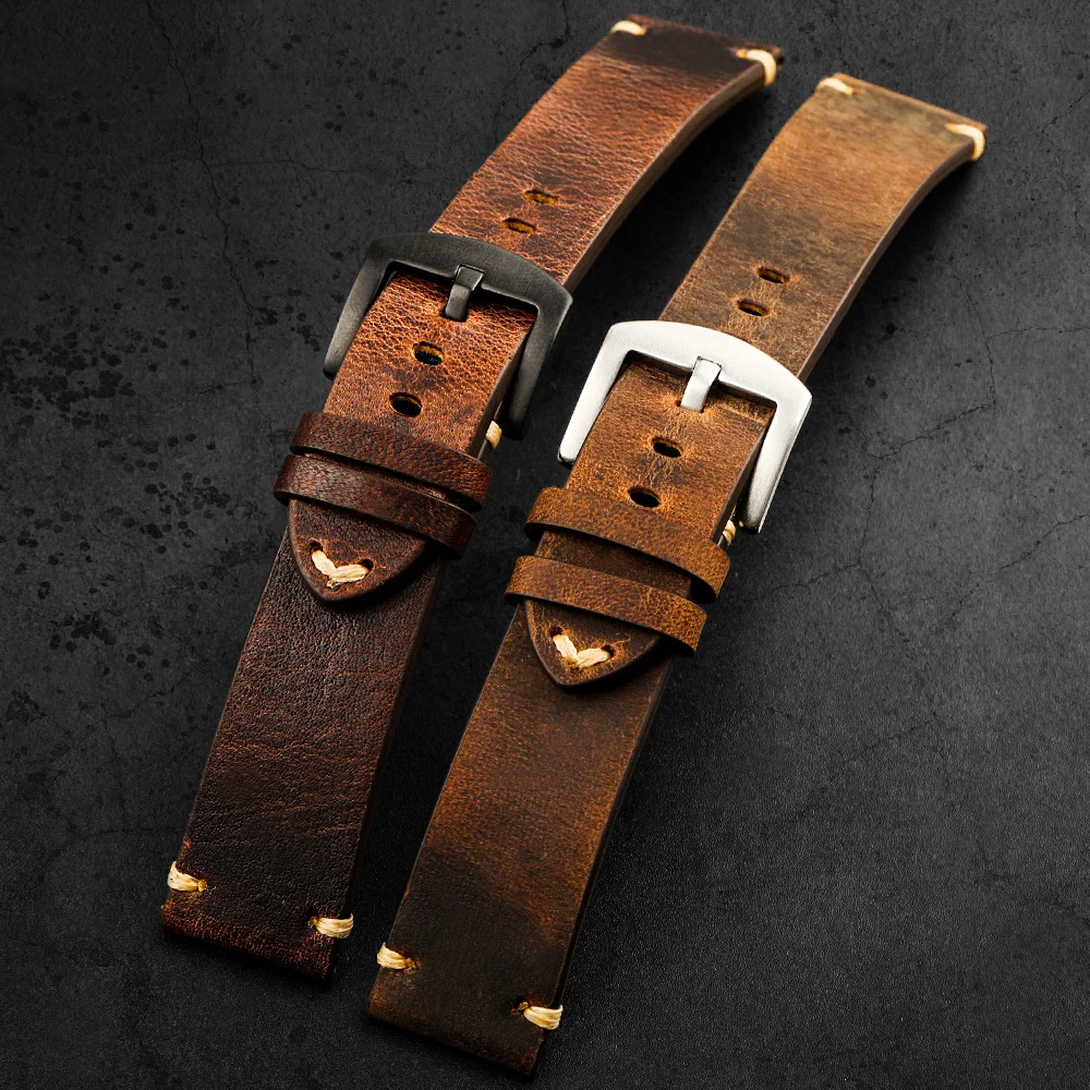 Handmade Crazy Horse Leather Watchband, 18 19 20 21 22MM Retro First Layer Leather Strap, Suitable for Military Watches