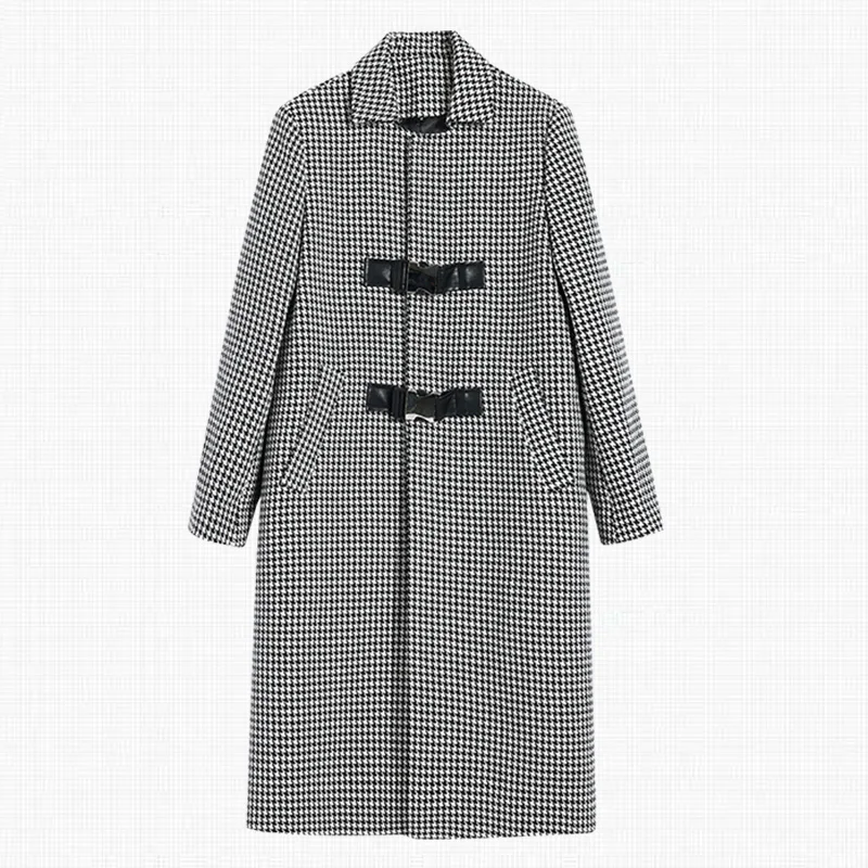 

women winter Houndstooth woolen overcoat women lapel loose long wool blends vintage outwear