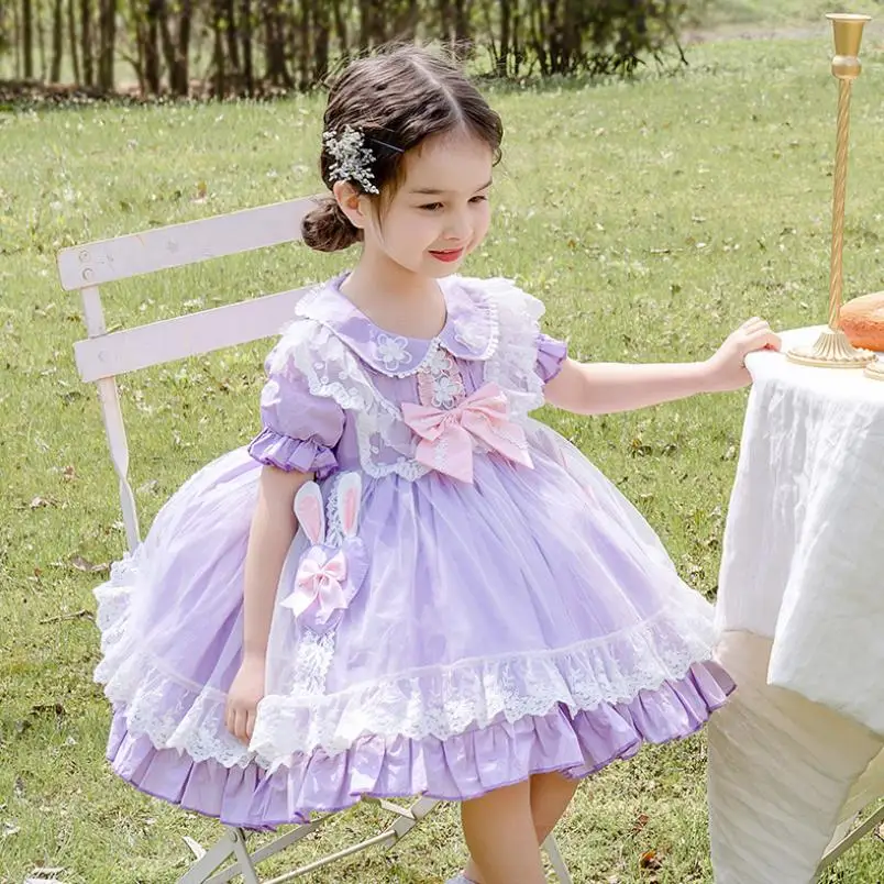 Spanish Baby Clothing Lolita Princess Children Birthday Party Easter Eid Ball Gown Lace Bow Stitching Cute Dresses For Girl A136