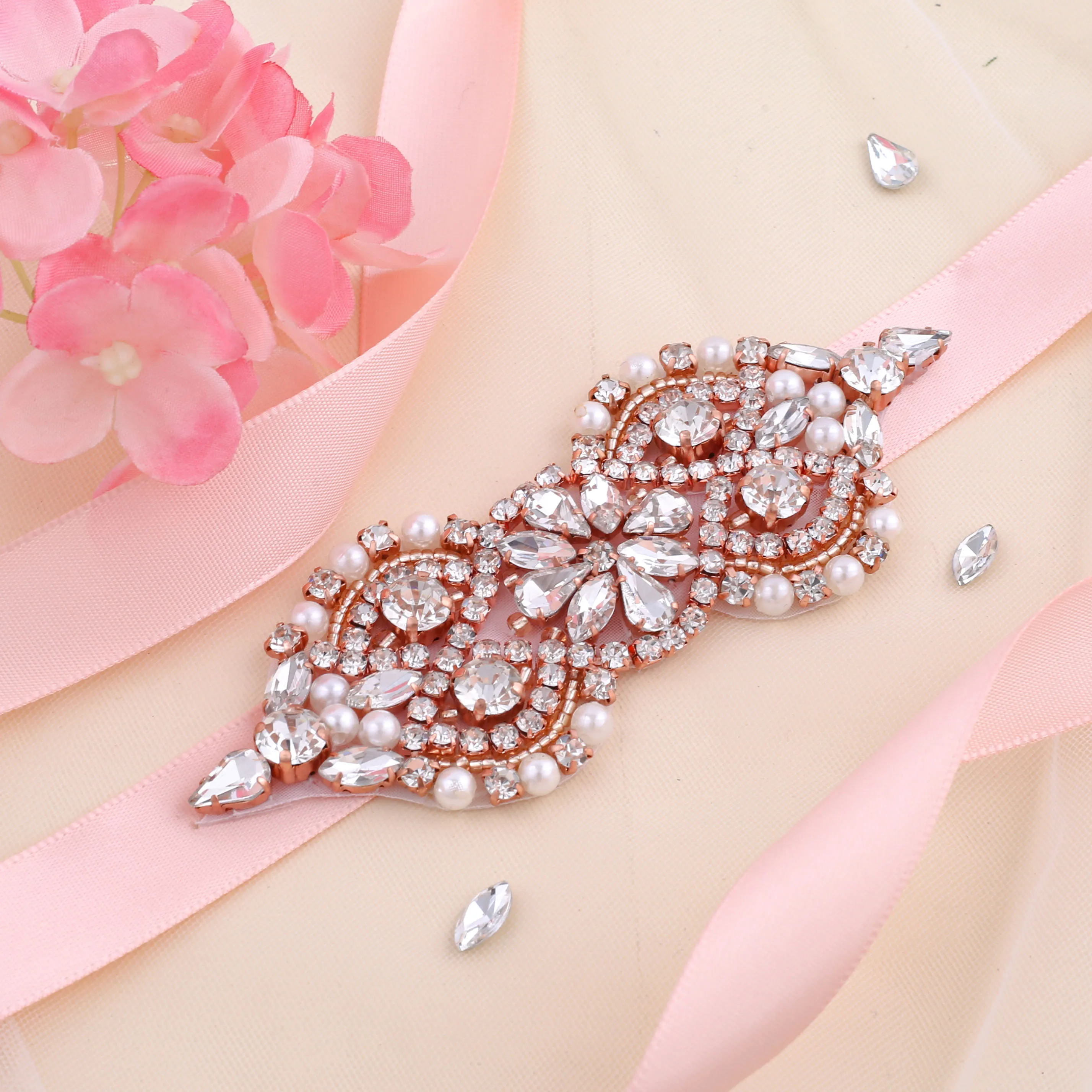 

SESTHFAR Rose Gold Rhinestone Applique Wedding Belts Women Custom Crystal Bridal Belt Waist Celebrity Dresses Accessories