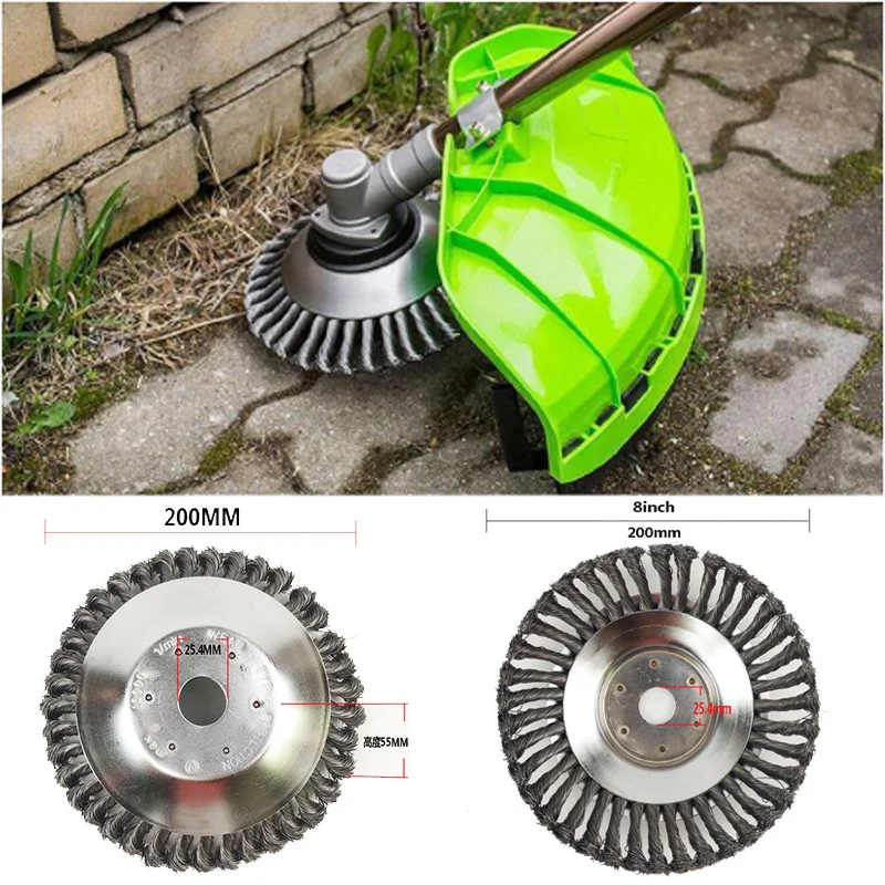 Tondeuse à gazon avec roue en fil d'acier torsadé de 8 pouces, accessoires de tête de coupe en fil d'acier de 6 pouces, outils de jardin, brosse de désherbage