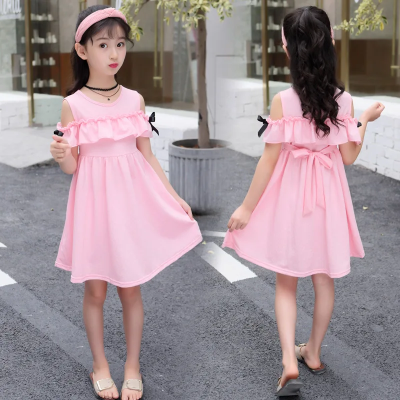 

Girls Dress Summer Cotton Solid Kids Dresses for Girl Fashion Off-the-shoulder Teens Children Princess Clothes 4 6 8 10 12 Years