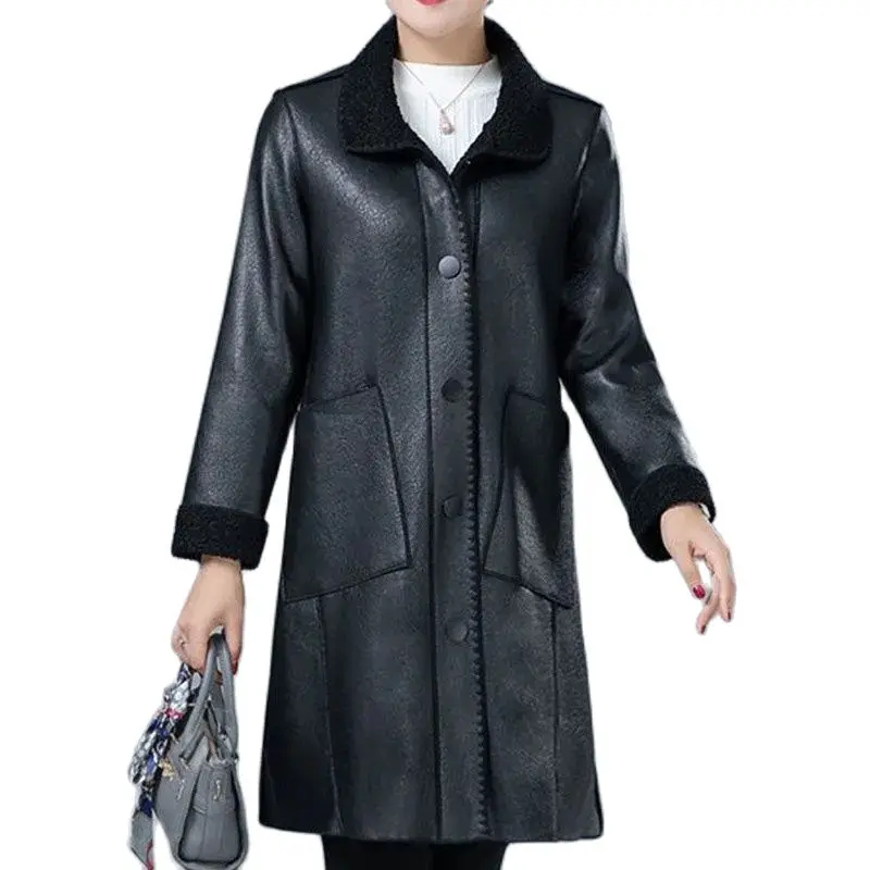 Women's Leather Jacket Mid-Length Mom Pretends To Be Autumn Winter Models All-Match Loose Add Fleece Women's Trench Coat