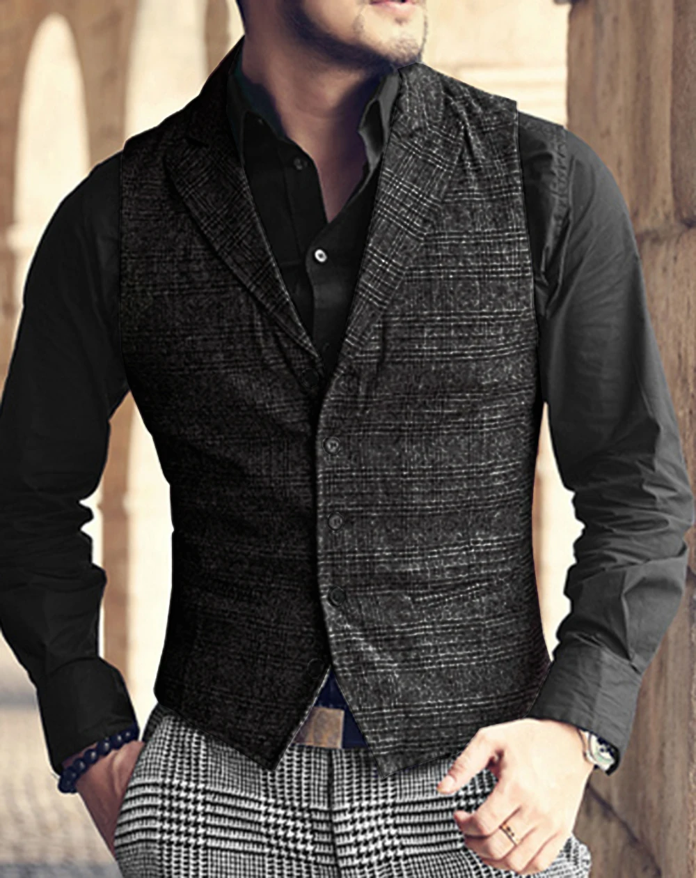 Gilet da uomo marrone Plaid Tweed Suit Vest Casual Notch risvolto gilet Groomsmen cappotto invernale per matrimonio, patry, nuovo