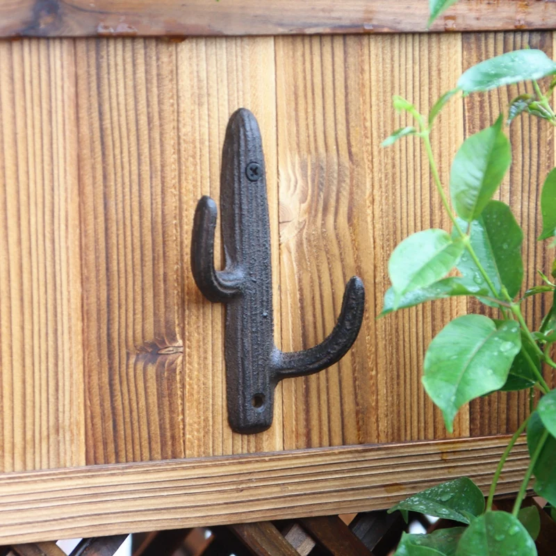 Retro Cactus Cast Iron Wall Mounted Hook With Two Hangers Farm House Accents Handmade Rustic Home Garden Decor Small Size Rack