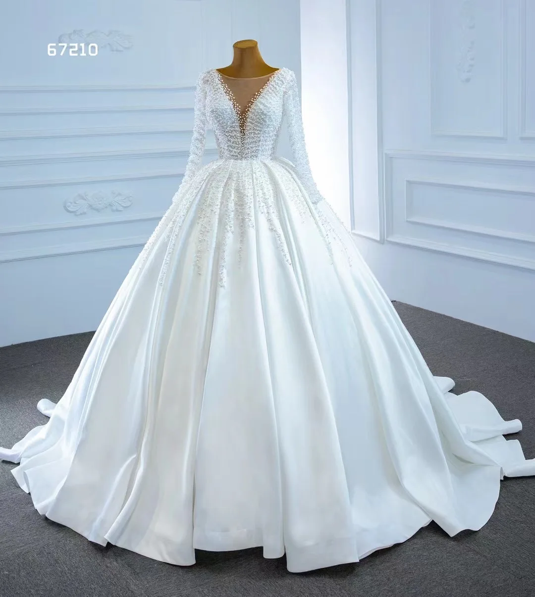 Vestido de novia de manga larga con perlas, elegante, con cuentas