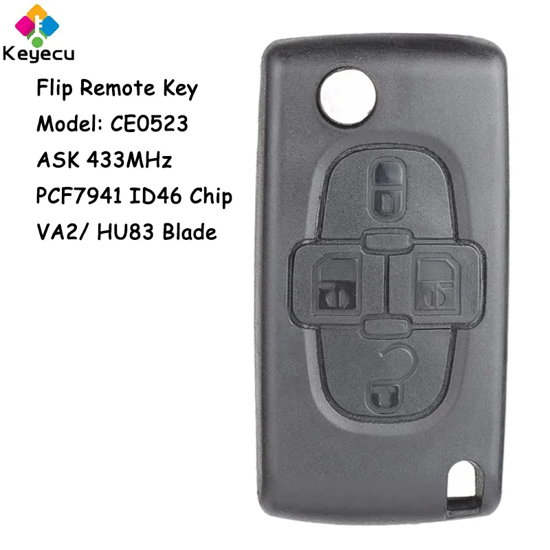 KEYECU Flip Remote Car Key With 4 Buttons ASK 433MHz ID46 PCF7941A Chip for Peugeot 1007 for Citroen C8 Fob Model CE0523 CE 0523