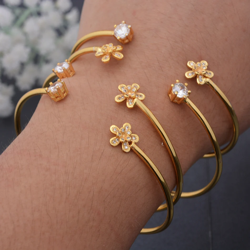 4pcs/Set 24K Dubai Gold Color African Cuff Bangles For Girl  Saudi Arab Wedding Flowers Bracelet&Bangles Jewelry Free Size