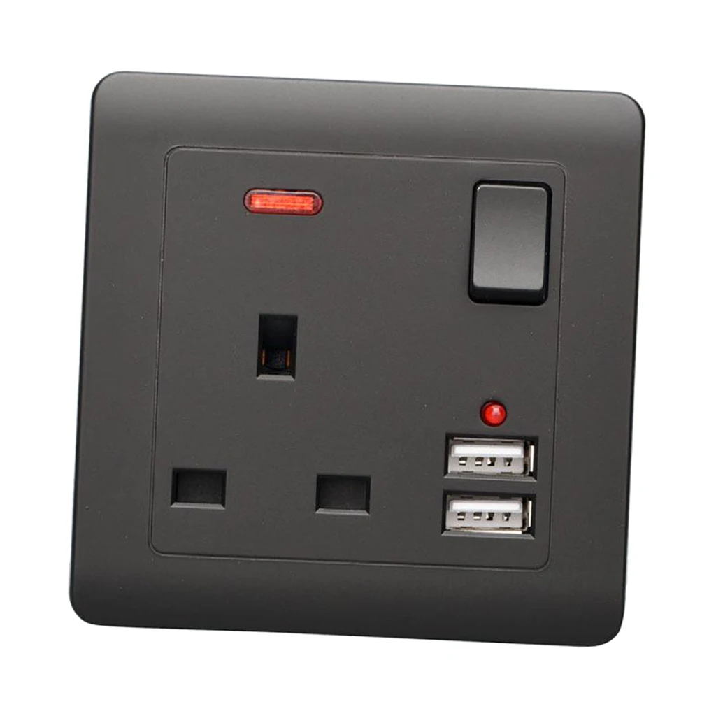 Electrical Wall Socket UK Plug 2 USB Charger Port Outlets Plate 13A Black 2 Gang 2 USB Charger Port Outlets Plate