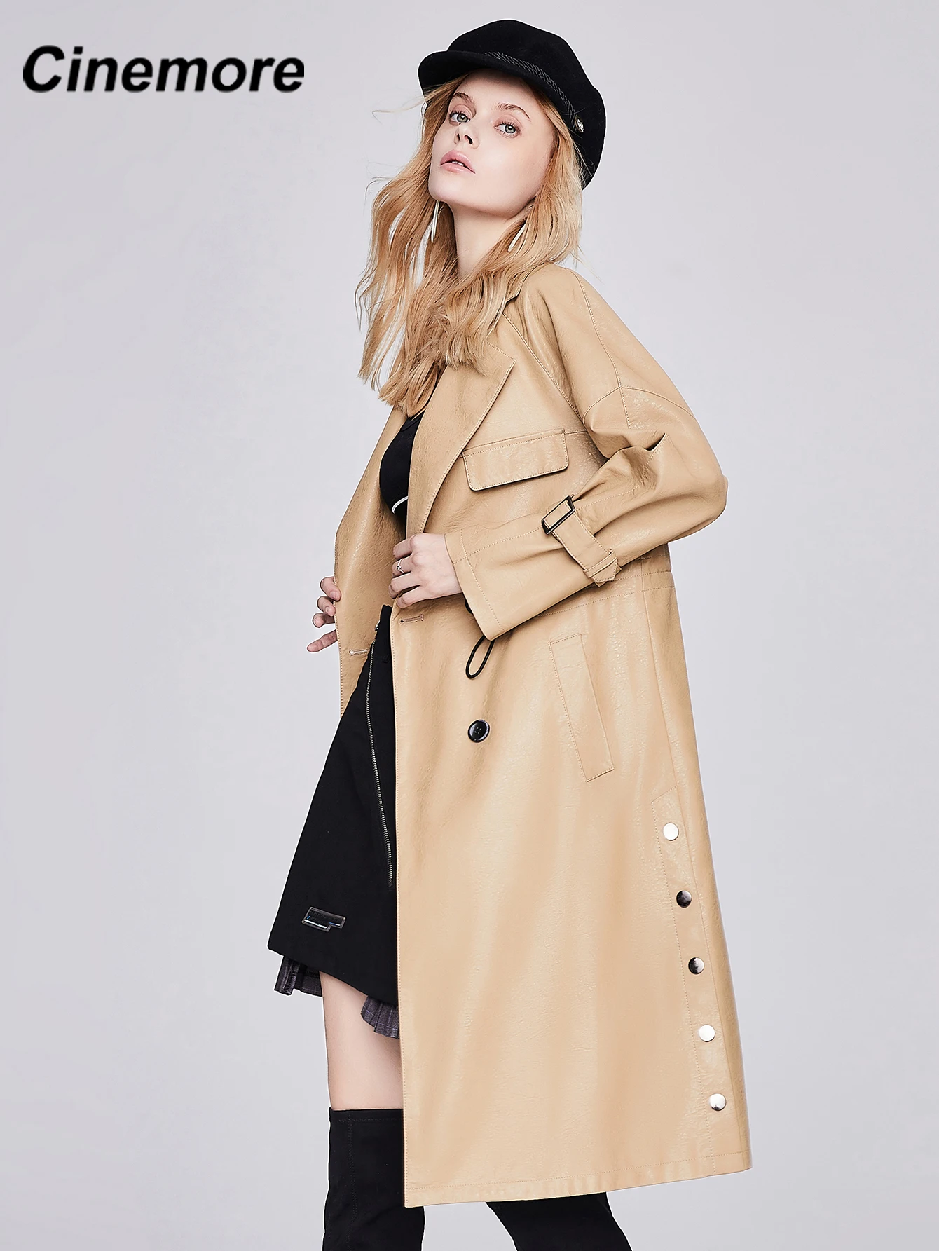 Cinemore 2021 nova jaqueta feminina de couro falso trench coat longo alta qualidade outono inverno roupas femininas jaqueta solta P2106-1