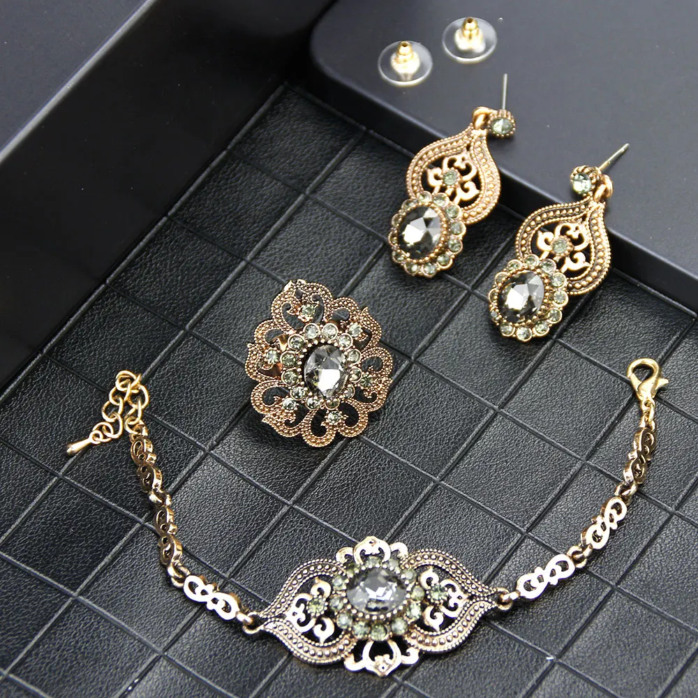 Sunspicems Vintage Turkish Jewelry Sets Gray Crystal Earring Bracelet Ring Necklace Sets Bohe Bride  Jewelry Antique Gold Color