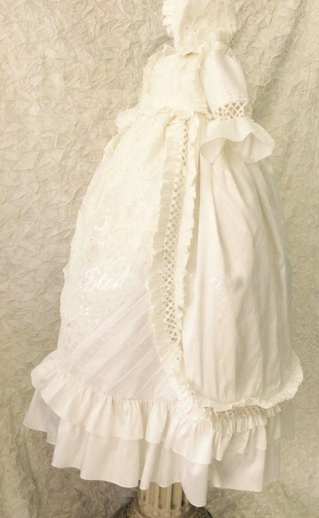 2021 Luxury Sequins Christening Gowns For Cute Baby Girl Lace Flowers Appliqued Pearls Baptism Dresses With Bonnet First Communi