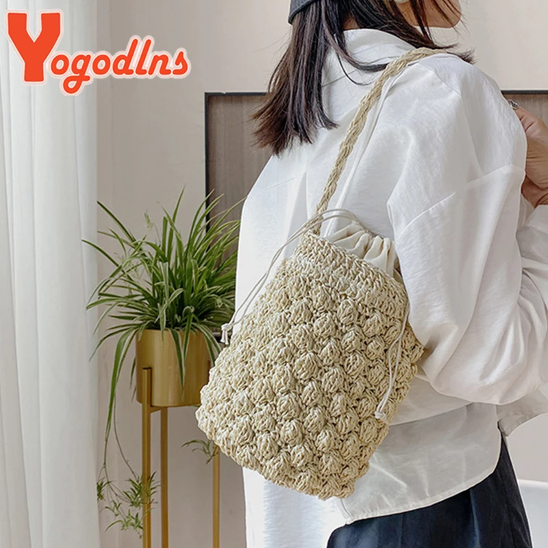 Yogodlns Summer Straw Shoulder Bag Women Large Capacity Rattan Bucket Bag Handmade Woven Beach Bag Fashion Vacation Handbag Tote