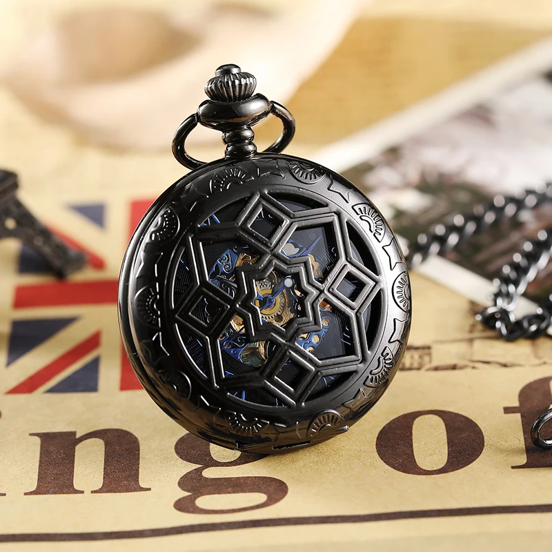 2020 Top Luxury Steampunk Black Mechanical Pocket Watch With FOB Chain Hand Wind Skeleton Hollow Clock For Men Women Gift Box